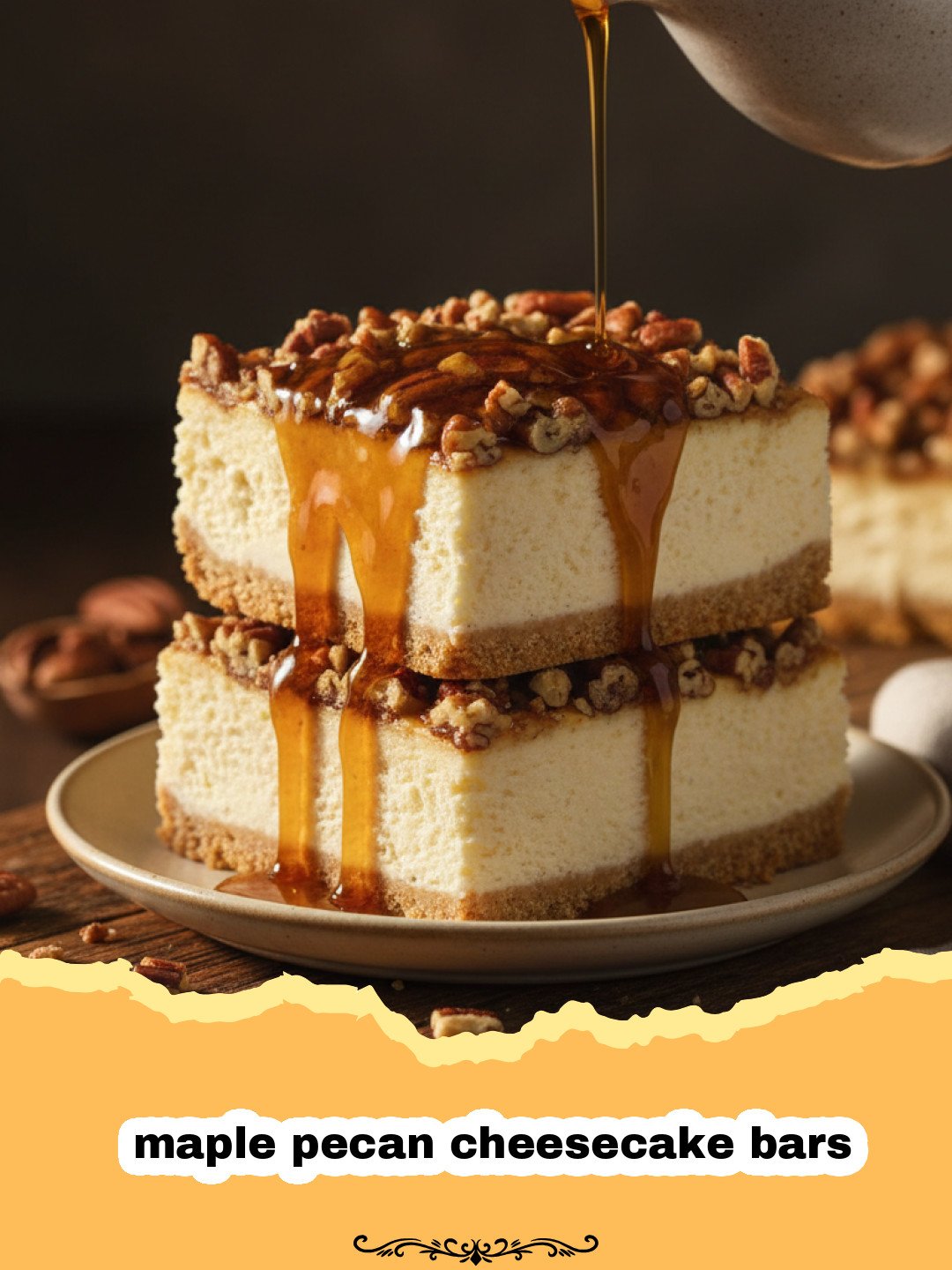 A close-up shot of several maple pecan cheesecake bars stacked on a white plate.