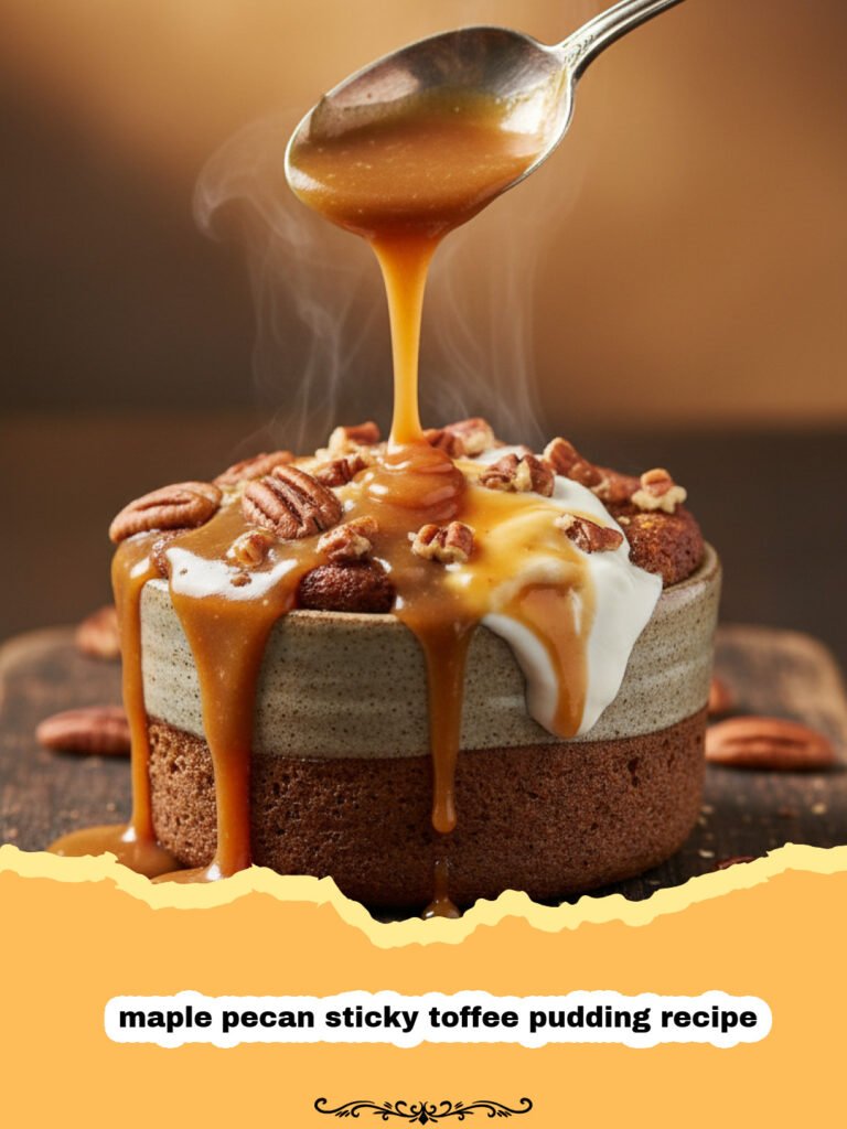 The Most Decadent Maple Pecan Sticky Toffee Pudding Recipe 5 maple pecan sticky toffee pudding recipe - A warm slice of maple pecan sticky toffee pudding topped with extra sauce and pecans.