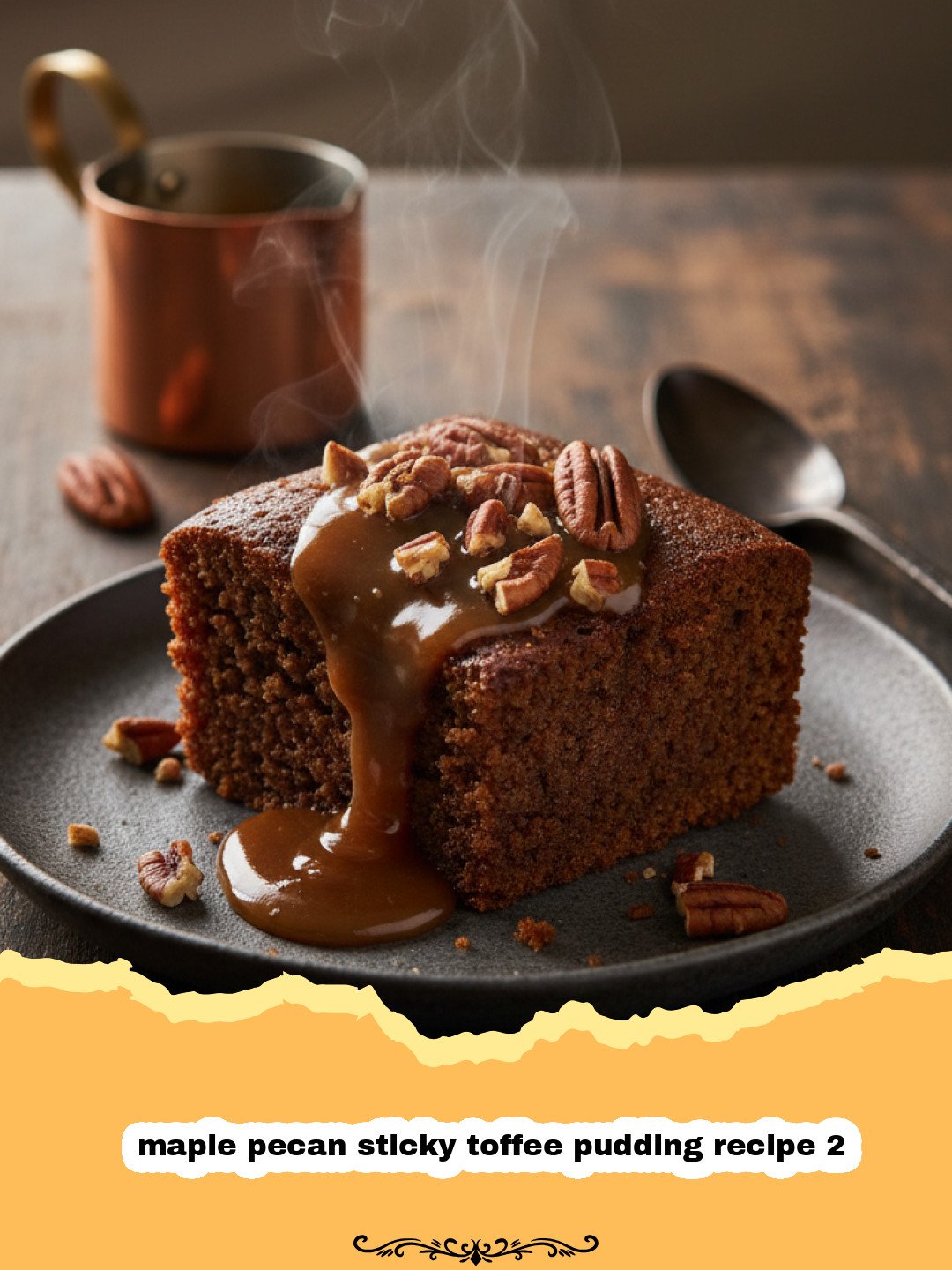 maple pecan sticky toffee pudding recipe 2 - A close up of maple pecan sticky toffee pudding with sauce dripping down the sides