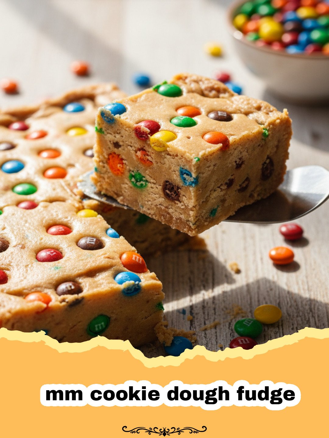 The Ultimate MM Cookie Dough Fudge: A Creamy No-Bake Treat 3 A close-up view of creamy mm cookie dough fudge squares topped with colorful chocolate candies.