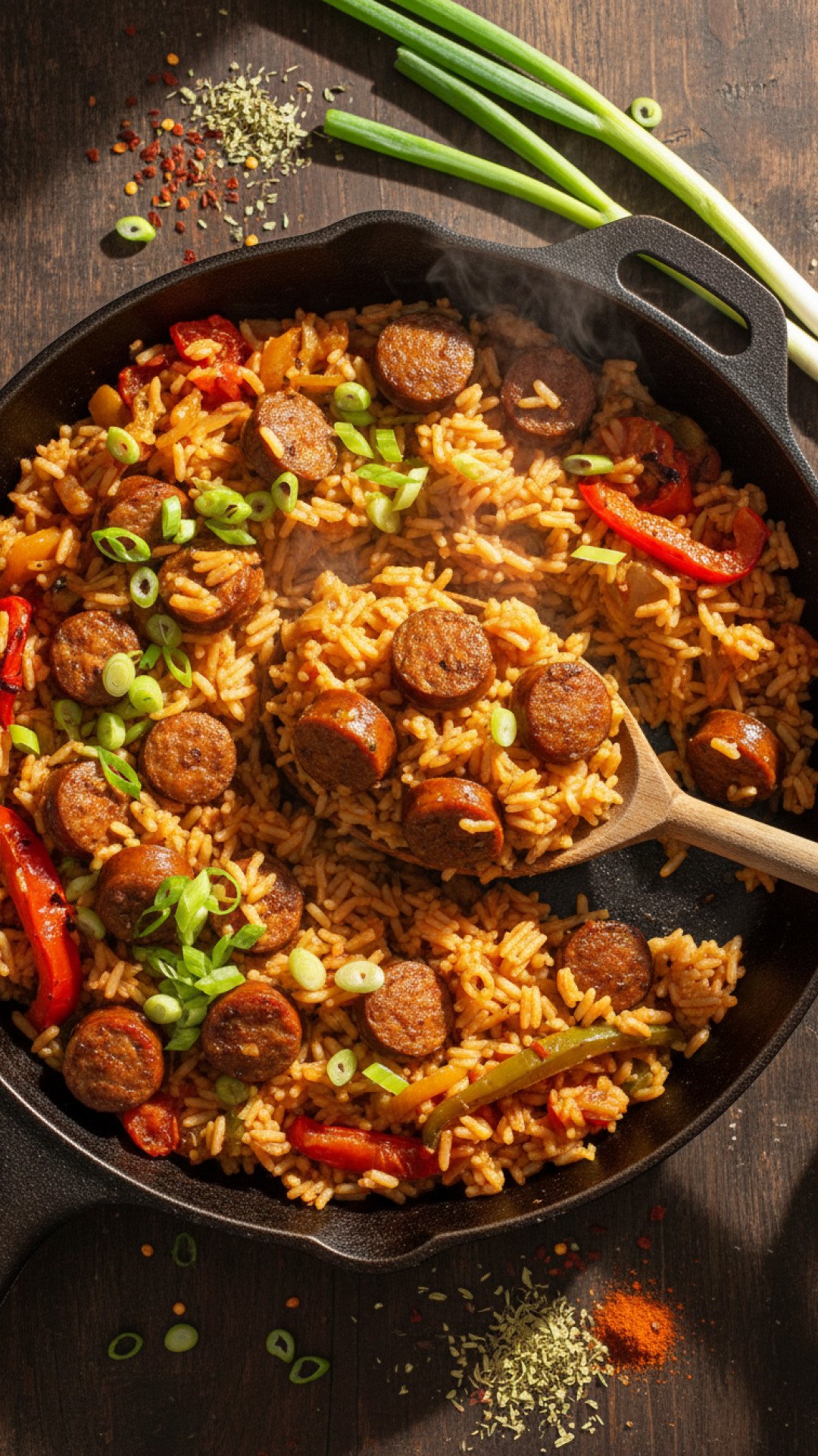 One-Pan Cajun Sausage and Rice Skillet Preparation
