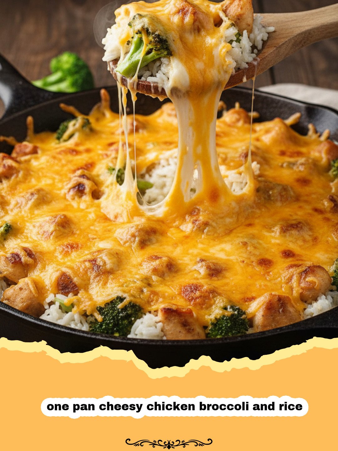 A steaming skillet of one pan cheesy chicken broccoli and rice with melted yellow cheese and green broccoli.