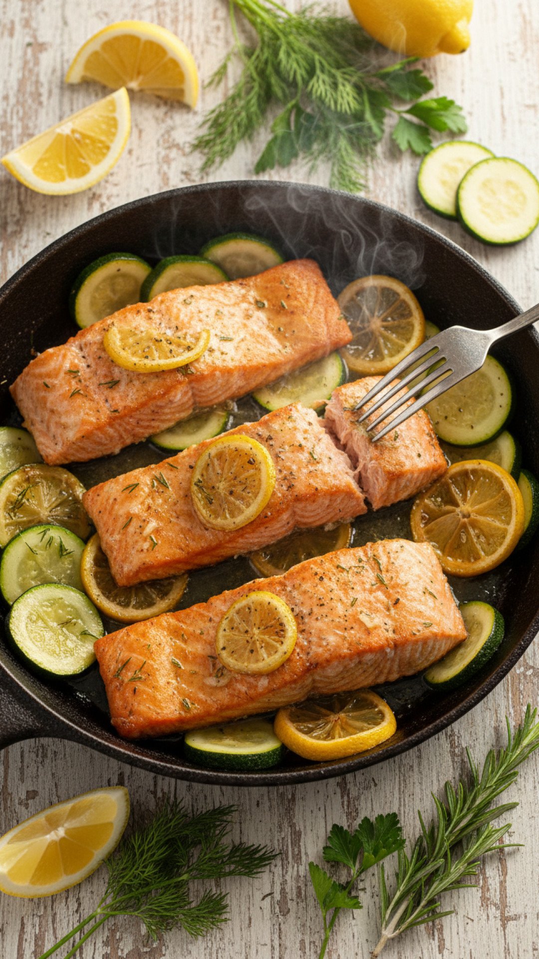 One Pan Lemon Herb Salmon and Zucchini Preparation