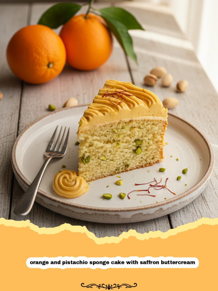 orange and pistachio sponge cake with saffron buttercream - A beautiful orange and pistachio sponge cake with golden saffron buttercream and pistachio garnish.