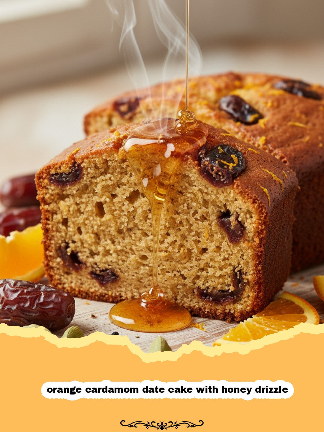 The Most Exquisite Orange Cardamom Date Cake with Honey Drizzle 3 A beautiful golden orange cardamom date cake with honey drizzle on a rustic wooden table.