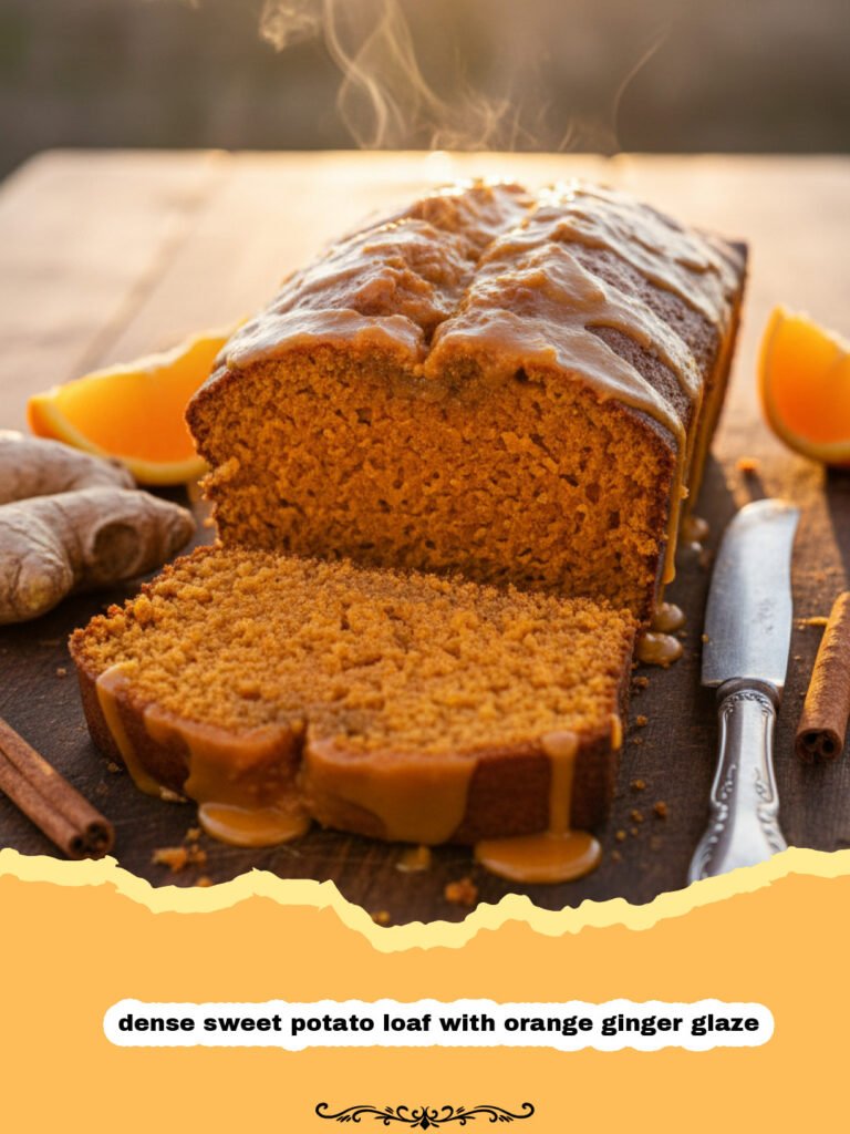A thick slice of dense sweet potato loaf with orange ginger glaze on a ceramic plate.