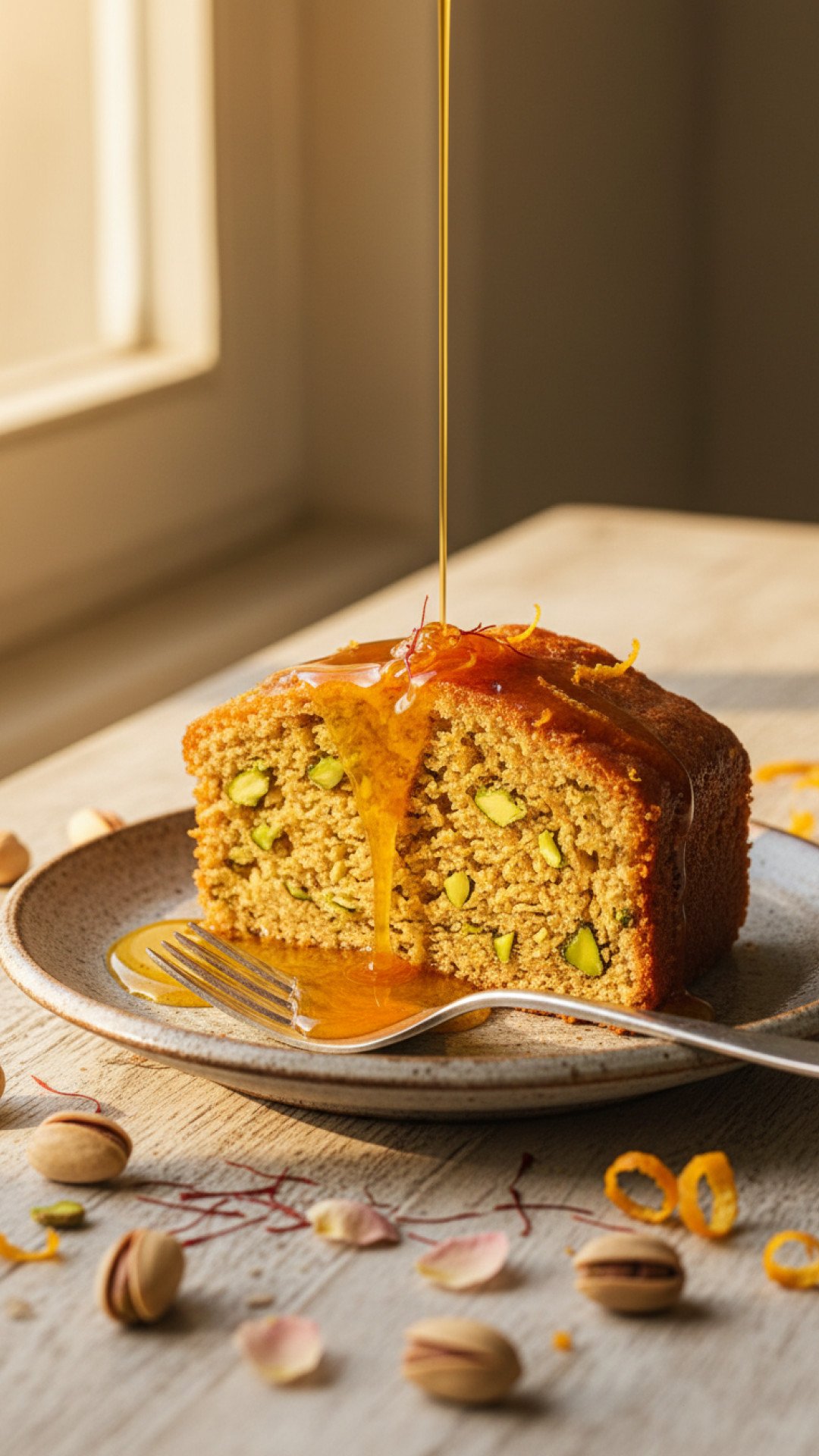 Orange Pistachio Olive Oil Cake with Saffron Syrup Preparation