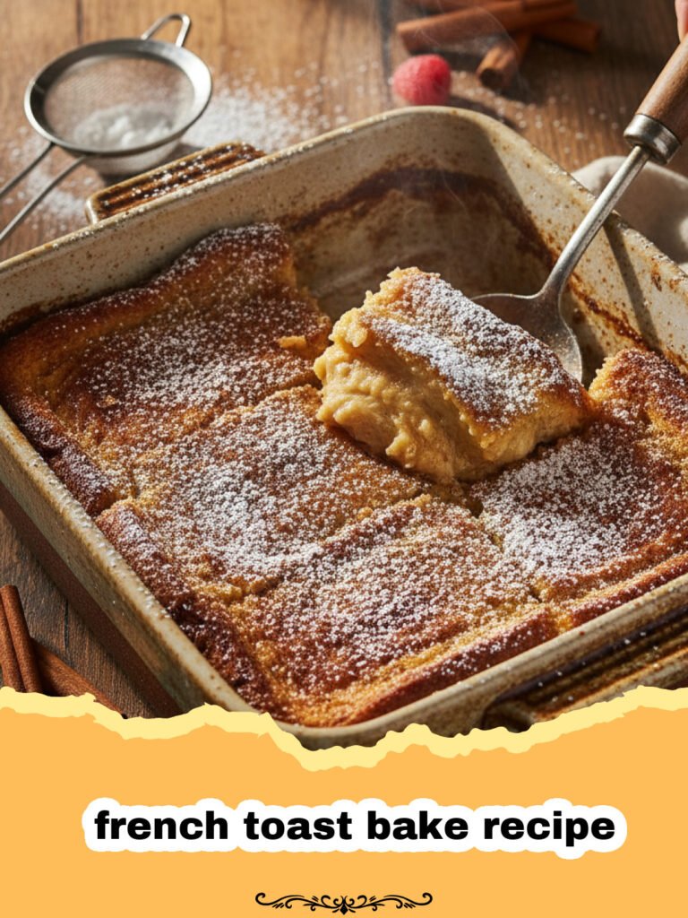 french toast bake recipe - Golden brown French toast bake in a glass casserole dish topped with syrup