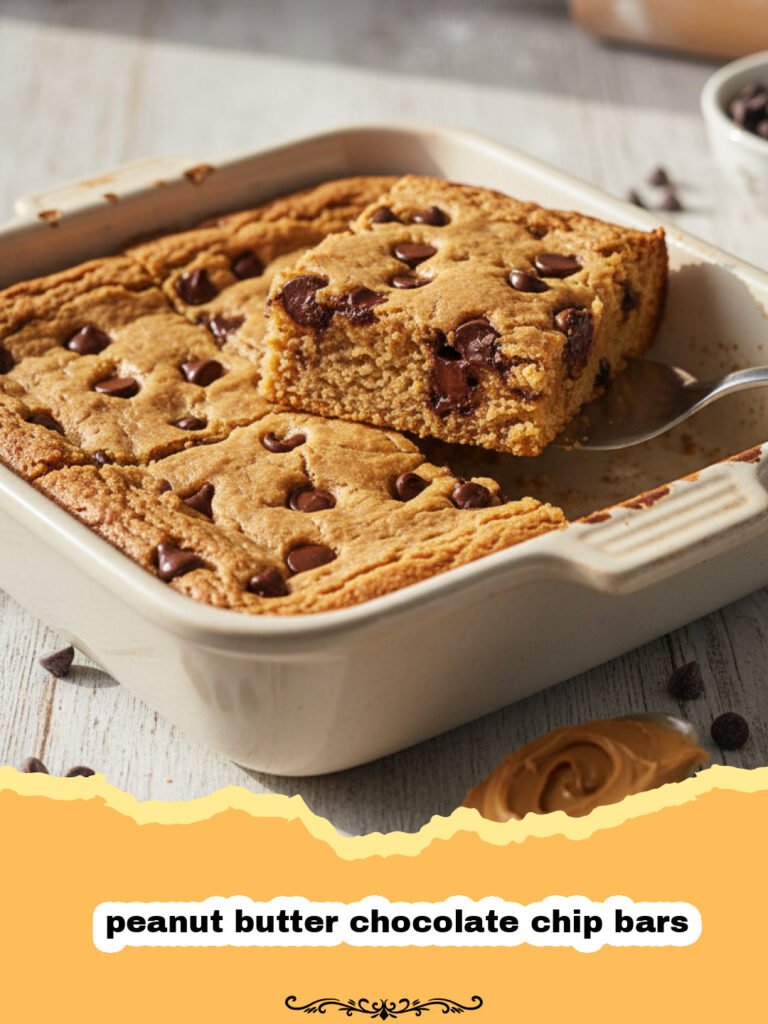 The Ultimate Peanut Butter Chocolate Chip Bars Recipe 5 A stack of thick, chewy peanut butter chocolate chip bars with melted chocolate chunks.