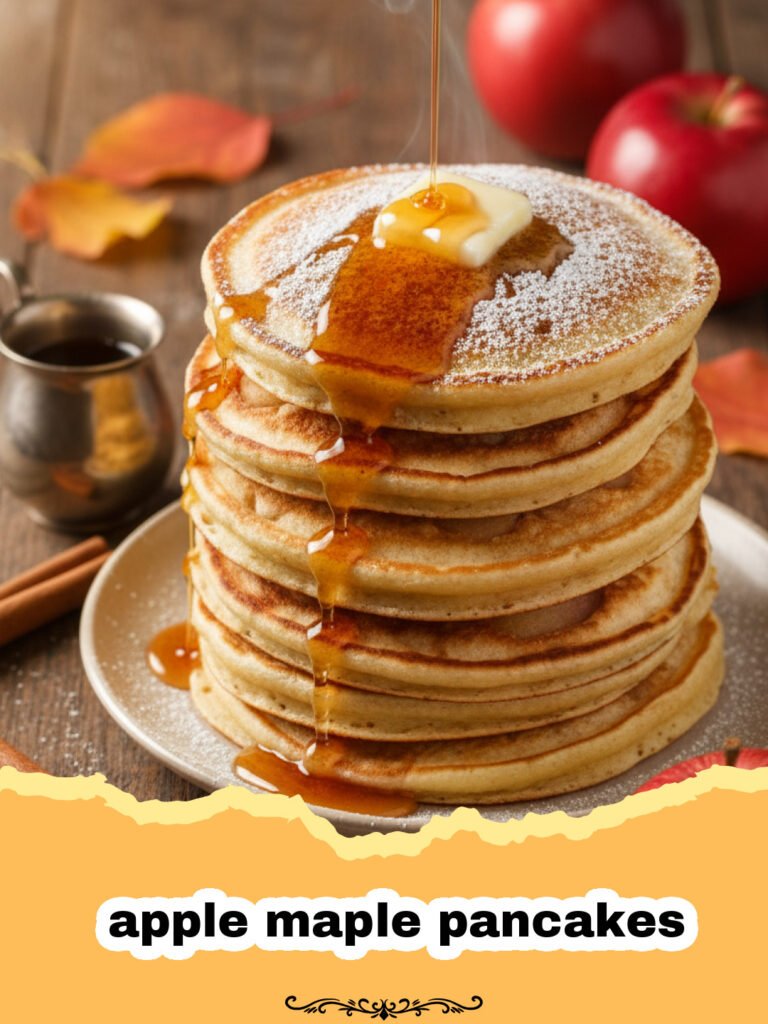 A stack of fluffy apple maple pancakes topped with sautéed apple slices and dripping with maple syrup.