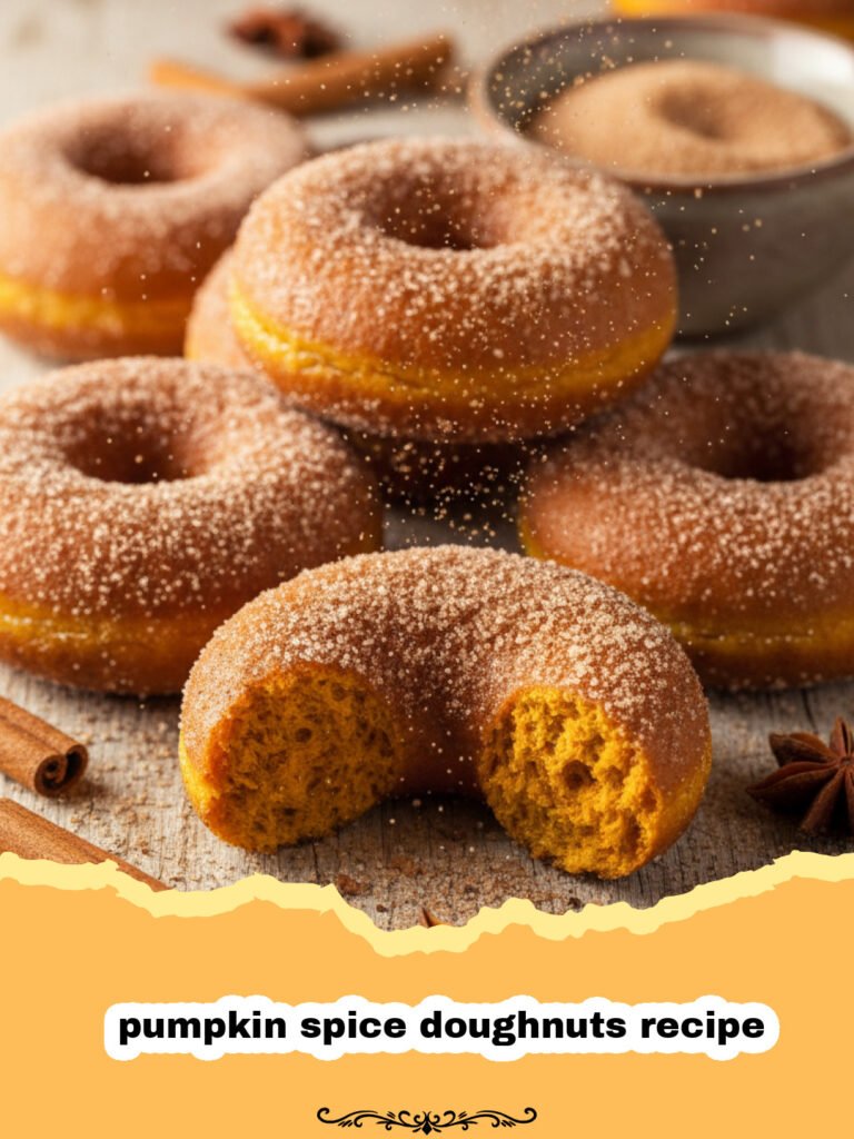 pumpkin spice doughnuts recipe - Freshly baked pumpkin spice doughnuts on a cooling rack with autumn decorations.