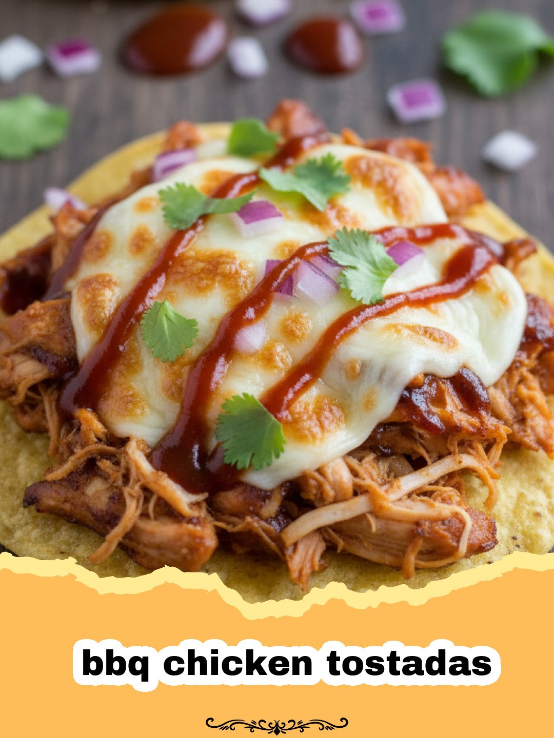 Easy and Smoky BBQ Chicken Tostadas 3 A plate of three bbq chicken tostadas topped with purple cabbage, avocado, and cilantro.
