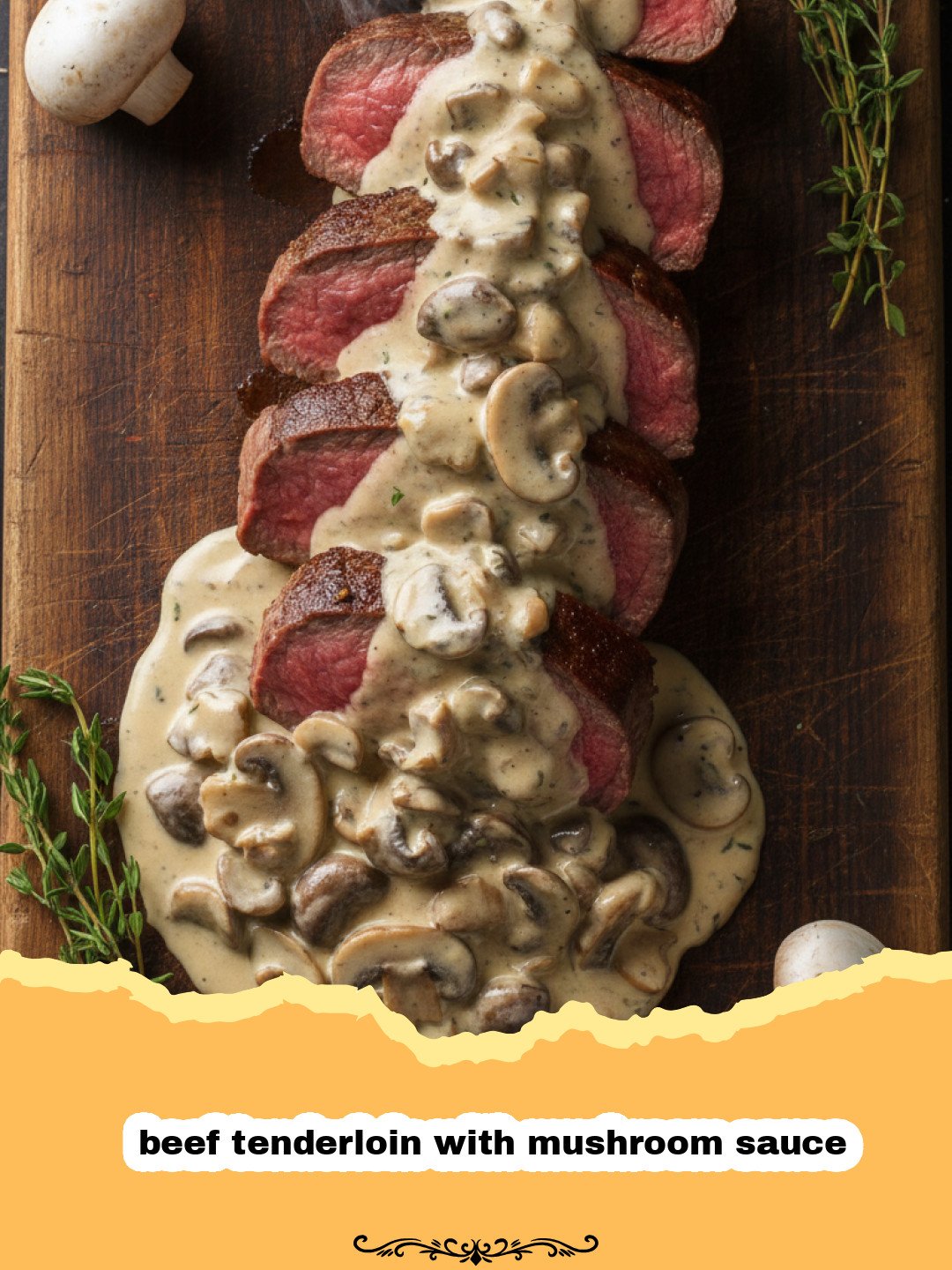 beef tenderloin with mushroom sauce - A succulent slice of beef tenderloin drizzled with a creamy brown mushroom sauce and garnished with fresh thyme.