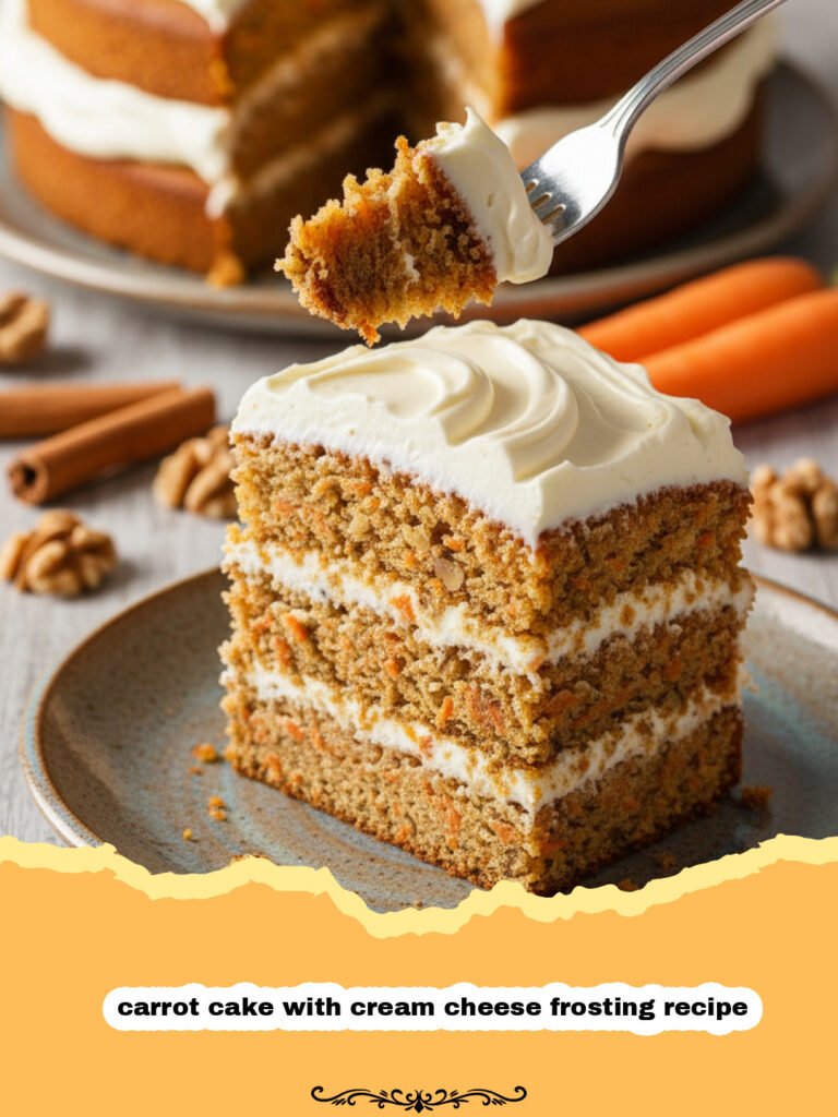 carrot cake with cream cheese frosting recipe - A beautiful two-layer carrot cake with thick cream cheese frosting and walnut garnish.