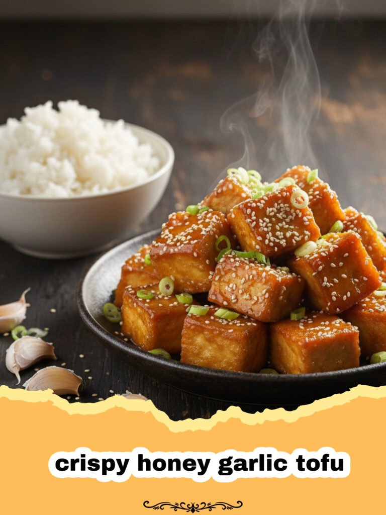 The Ultimate Crispy Honey Garlic Tofu Recipe 5 Golden crispy honey garlic tofu cubes in a sticky glaze topped with sesame seeds.
