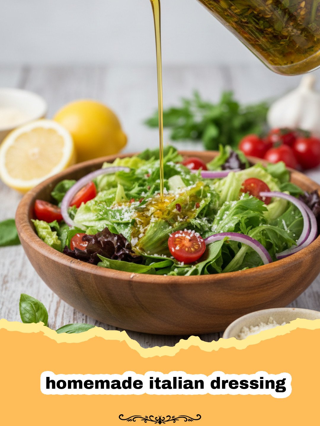A glass jar filled with golden homemade italian dressing surrounded by fresh herbs and a bowl of salad.