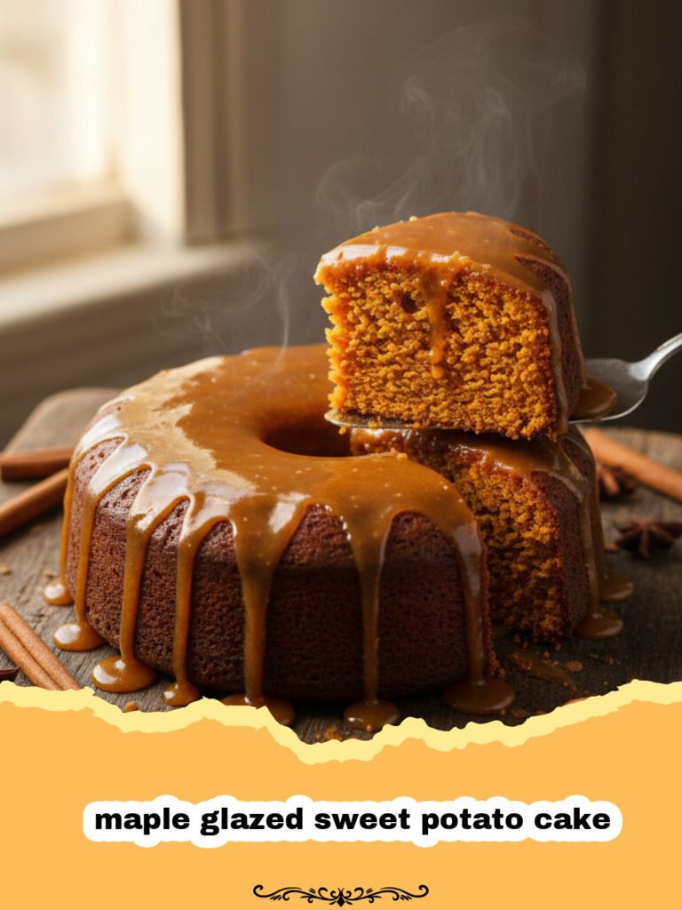 A close up shot of a moist maple glazed sweet potato cake with golden glaze dripping down the sides.