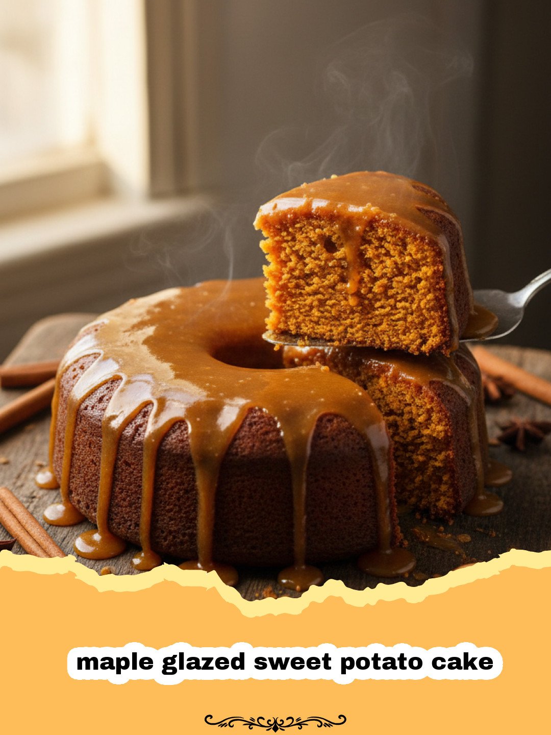 A close up shot of a moist maple glazed sweet potato cake with golden glaze dripping down the sides.