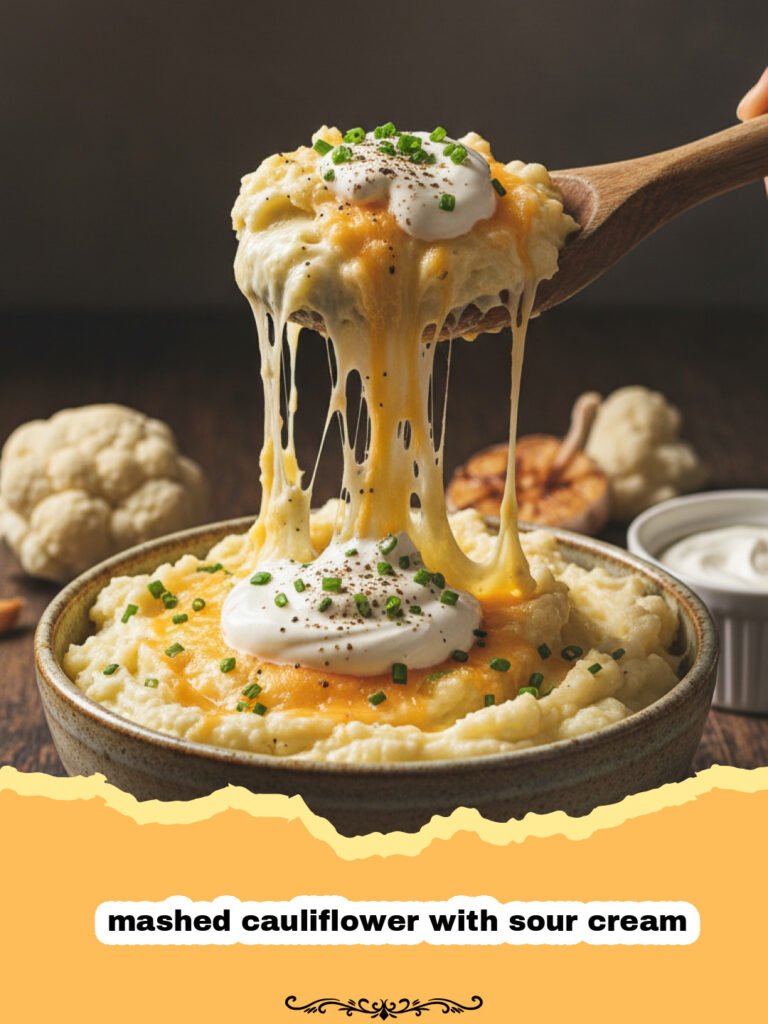 The Secret to Perfect Mashed Cauliflower with Sour Cream 5 A bowl of creamy mashed cauliflower with sour cream topped with chives and a pat of butter.