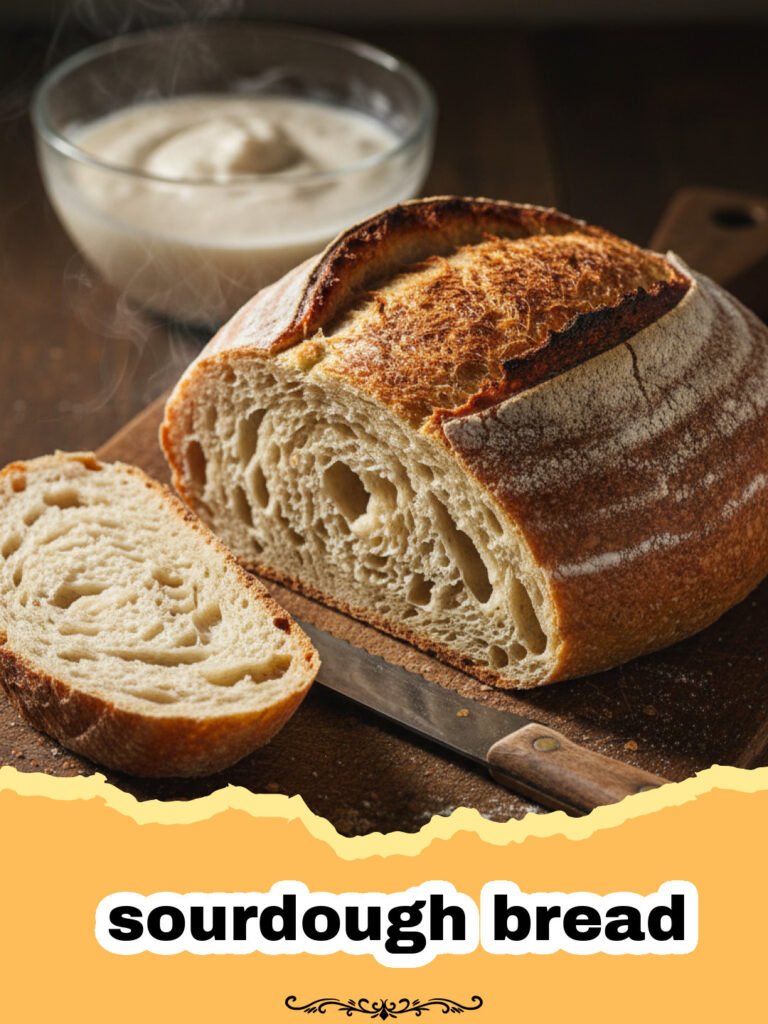 The Ultimate Beginner’s Guide to Sourdough Bread 5 A freshly baked loaf of sourdough bread with a beautiful ear and golden crust on a wooden board.