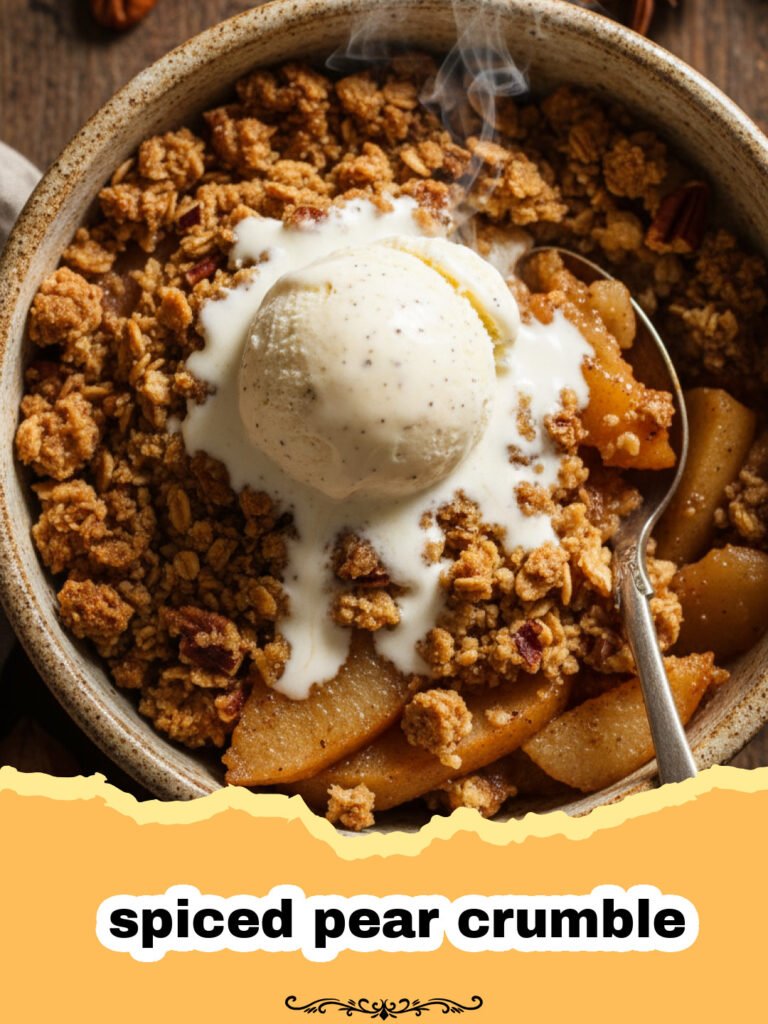 A close-up shot of a warm spiced pear crumble in a baking dish with a scoop of melting vanilla ice cream on top.
