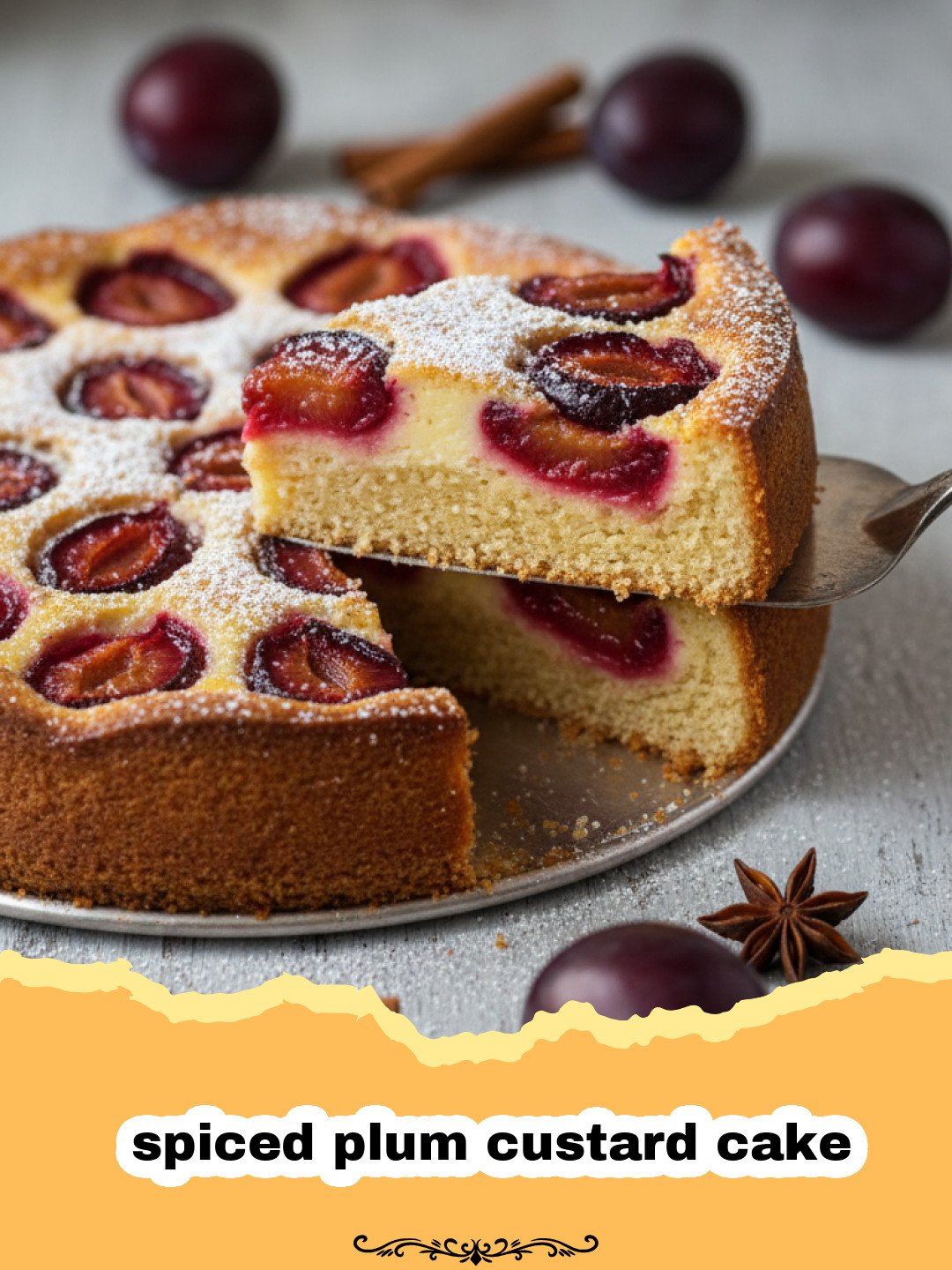 A golden brown spiced plum custard cake topped with sliced plums