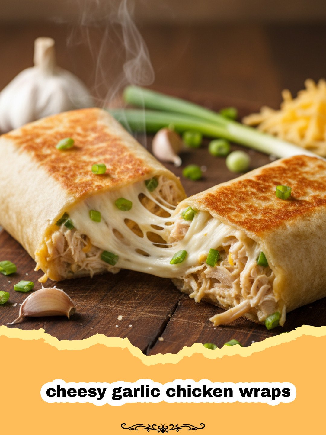 The Ultimate Cheesy Garlic Chicken Wraps Recipe 3 Golden brown cheesy garlic chicken wraps sliced in half on a wooden board.