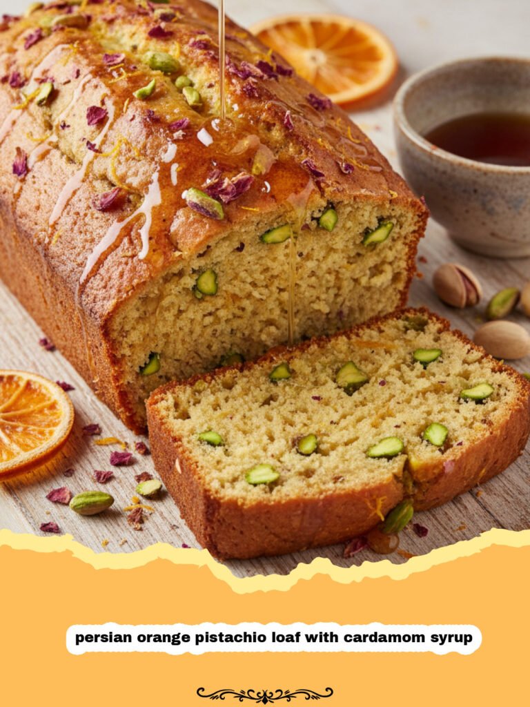 persian orange pistachio loaf with cardamom syrup - A beautiful Persian orange pistachio loaf with cardamom syrup topped with crushed green pistachios.