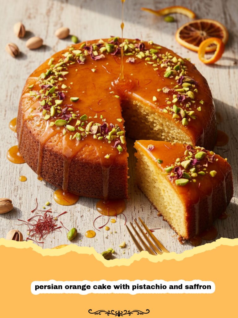 persian orange cake with pistachio and saffron - A golden Persian orange cake topped with green pistachios and rose petals.