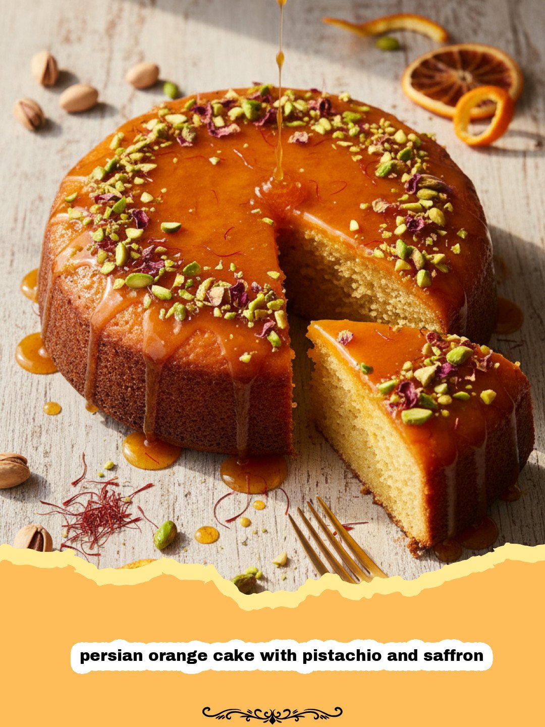 persian orange cake with pistachio and saffron - A golden Persian orange cake topped with green pistachios and rose petals.