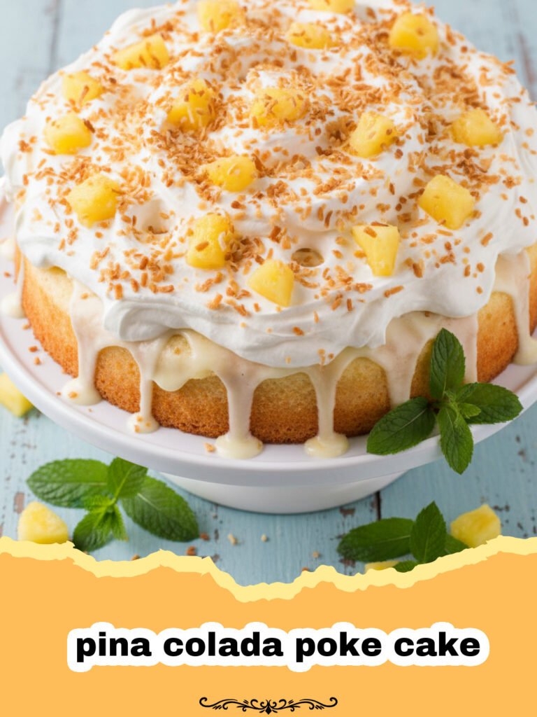 The Ultimate Tropical Pina Colada Poke Cake 5 A delicious slice of pina colada poke cake topped with whipped cream and cherries.