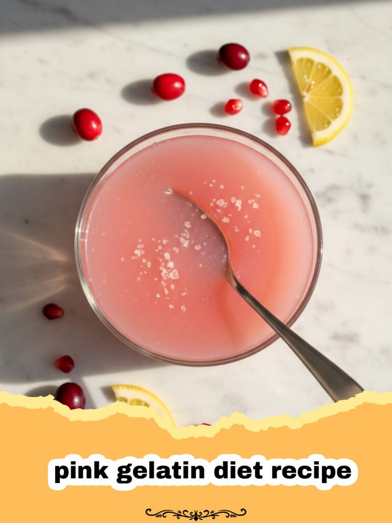 A bowl of fluffy pink gelatin diet recipe topped with a fresh strawberry