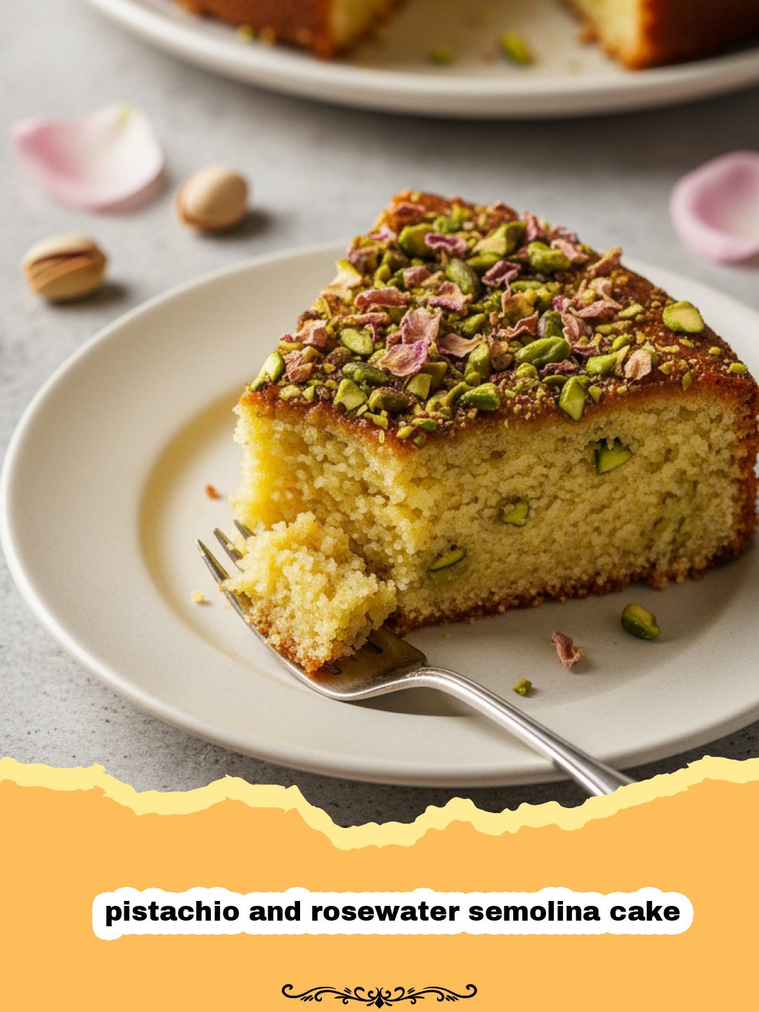 A beautiful slice of pistachio and rosewater semolina cake garnished with green nuts and rose petals.