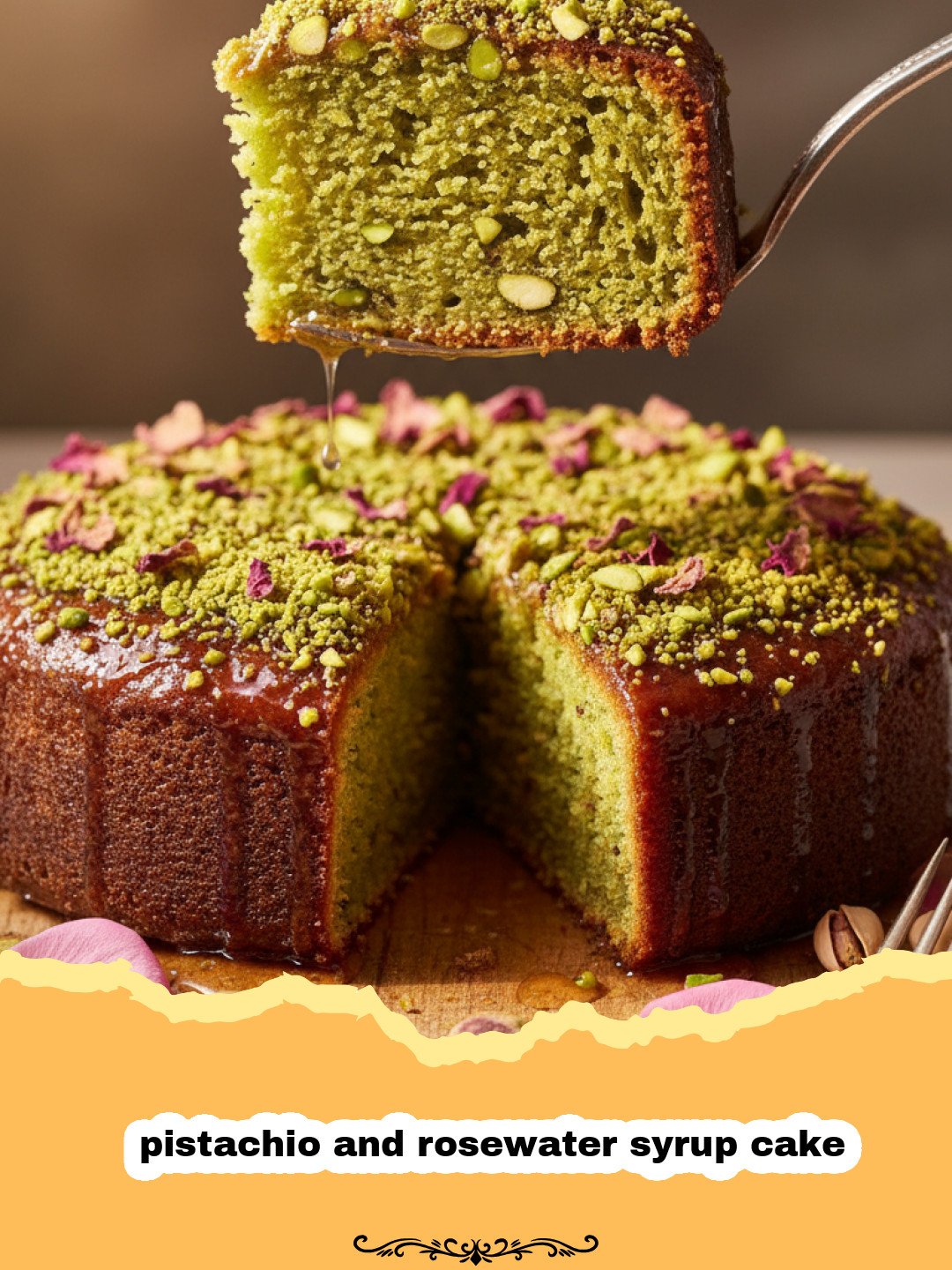 The Most Fragrant Pistachio and Rosewater Syrup Cake 3 A beautiful pistachio and rosewater syrup cake garnished with crushed nuts and pink rose petals.