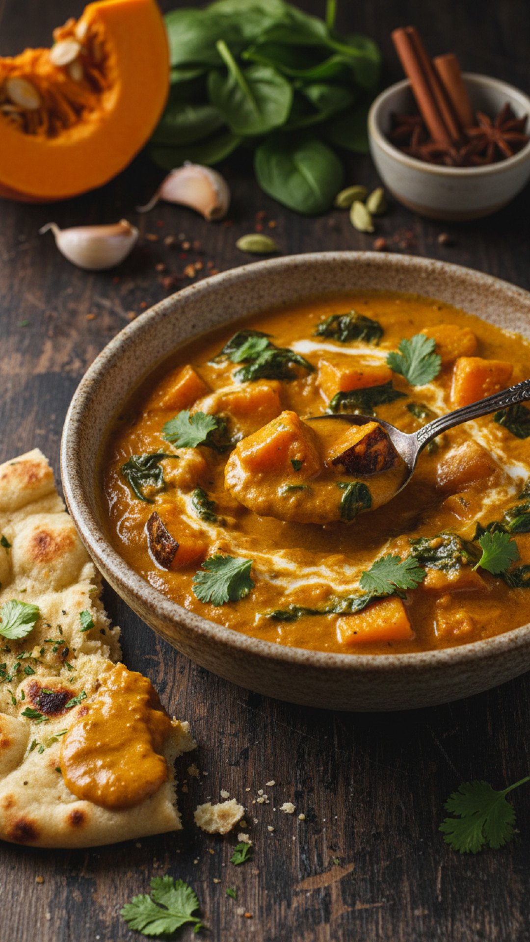 Creamy Pumpkin and Spinach Curry with Garlic Naan 4 Pumpkin and Spinach Curry with Garlic Naan Preparation