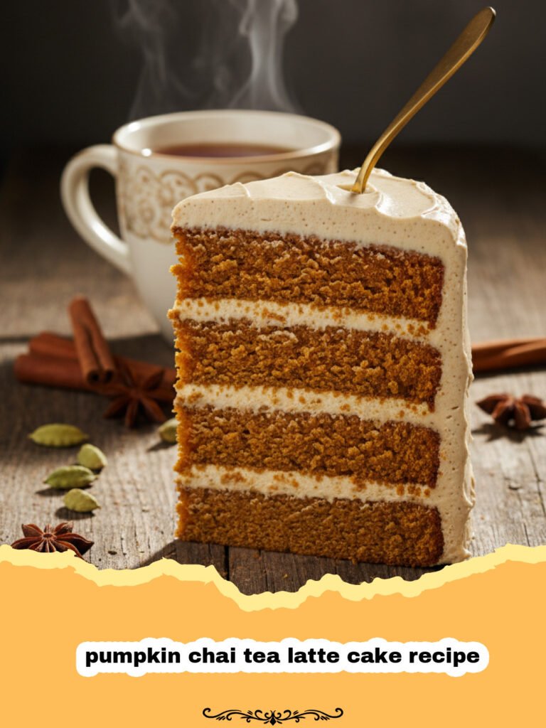 pumpkin chai tea latte cake recipe - A beautiful slice of pumpkin chai tea latte cake with thick cream cheese frosting on a rustic plate.
