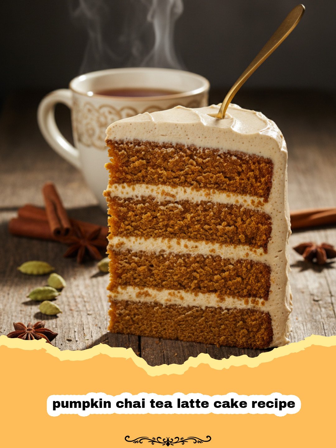 pumpkin chai tea latte cake recipe - A beautiful slice of pumpkin chai tea latte cake with thick cream cheese frosting on a rustic plate.
