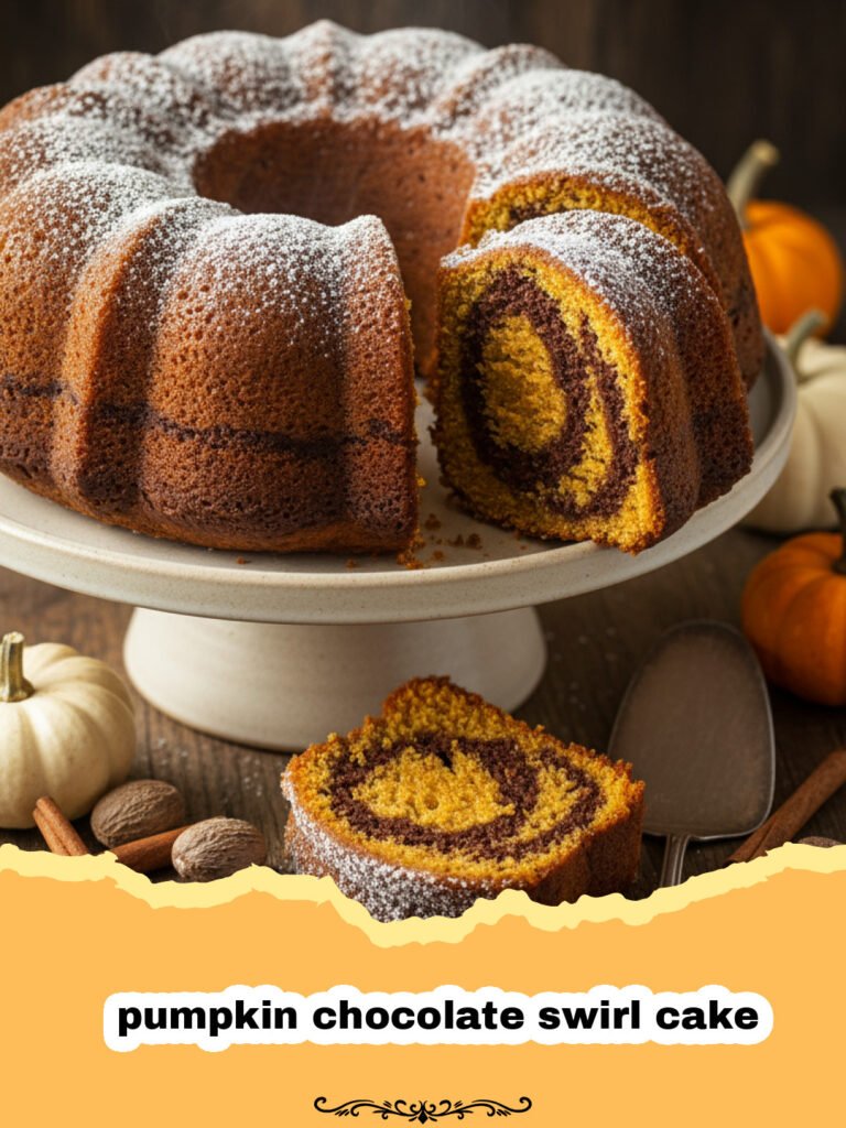 The Ultimate Marbled Pumpkin Chocolate Swirl Cake Recipe 5 A beautiful slice of pumpkin chocolate swirl cake showing deep chocolate and orange marbled patterns.