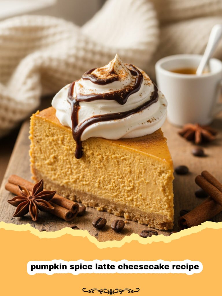 pumpkin spice latte cheesecake recipe - A close-up shot of a slice of pumpkin spice latte cheesecake topped with whipped cream and a sprinkle of cinnamon.