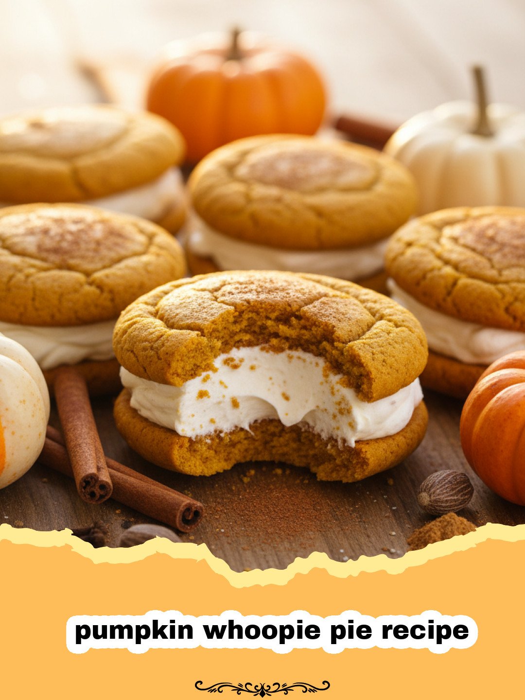 pumpkin whoopie pie recipe - Two pumpkin whoopie pies stacked on a wooden board with autumn leaves
