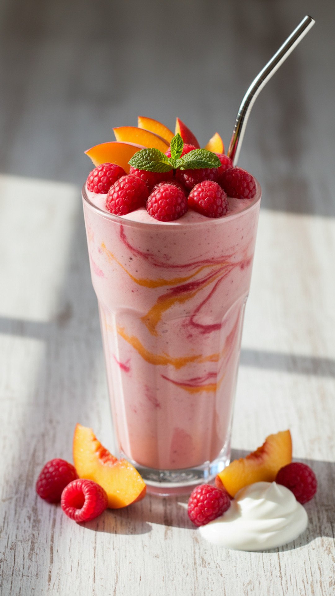 Raspberry Peach Protein Smoothie Preparation