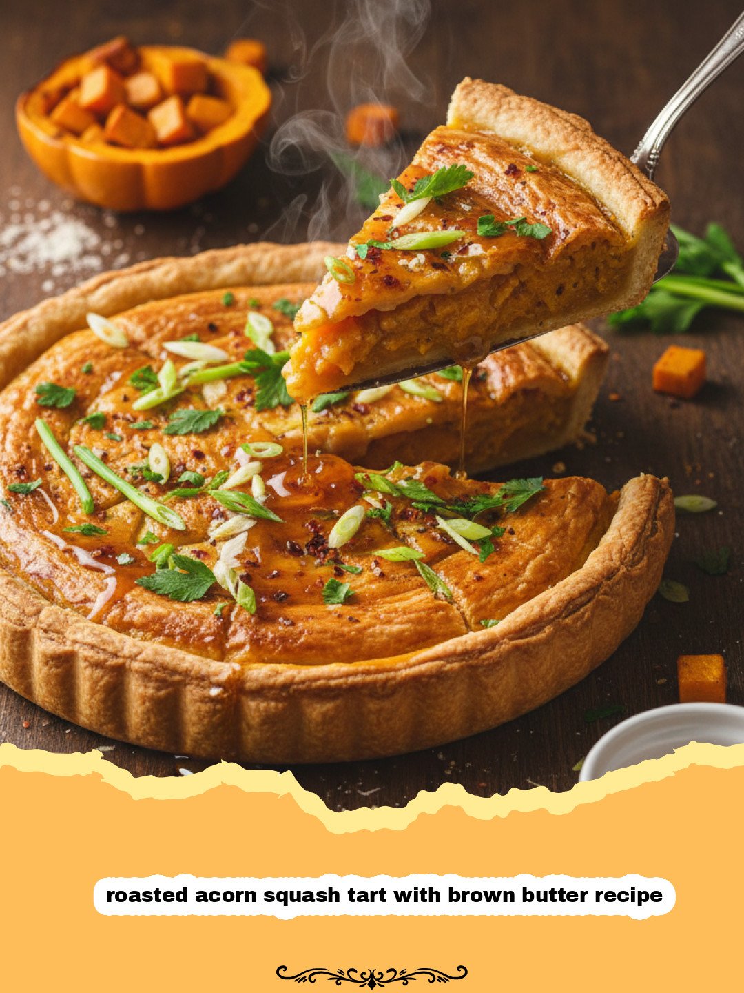 Elegant Roasted Acorn Squash Tart with Brown Butter 3 roasted acorn squash tart with brown butter recipe - A golden brown roasted acorn squash tart with brown butter and sage leaves on a wooden board.