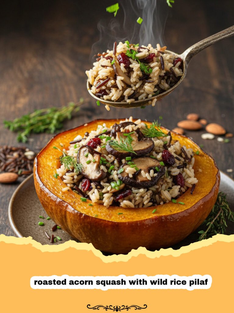 roasted acorn squash with wild rice pilaf - Two halves of roasted acorn squash overflowing with a colorful wild rice pilaf on a rustic wooden table.