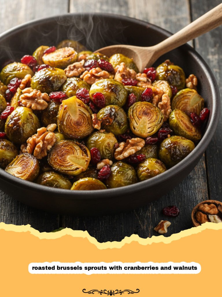 The Best Roasted Brussels Sprouts with Cranberries and Walnuts 5 A close-up shot of roasted brussels sprouts with cranberries and walnuts on a white serving platter.