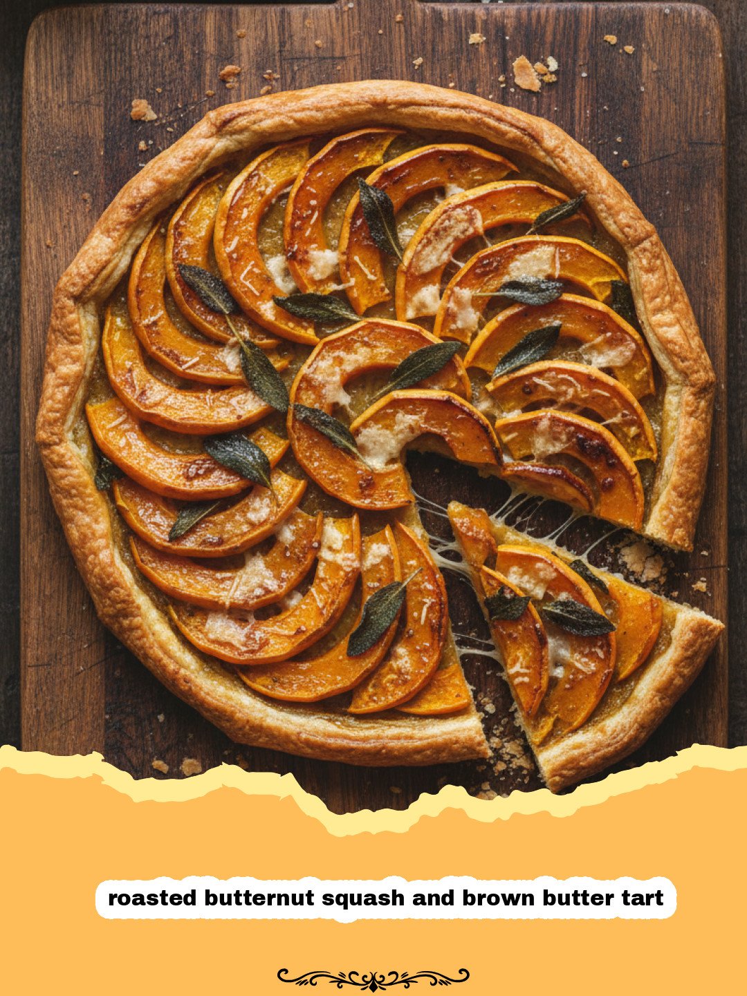 A golden-brown roasted butternut squash and brown butter tart on a rustic wooden table.