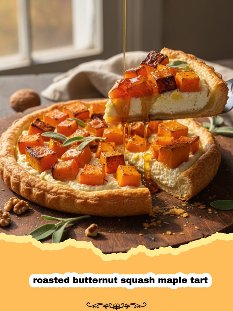 A golden-brown roasted butternut squash maple tart topped with goat cheese and herbs.