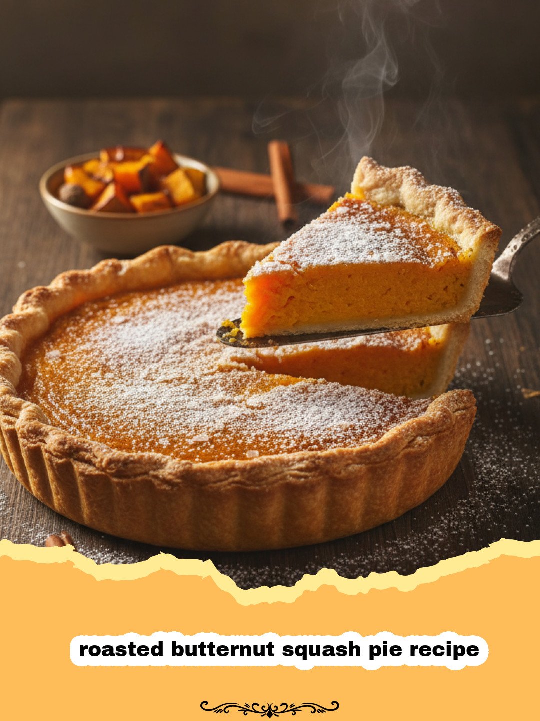 roasted butternut squash pie recipe - A beautiful roasted butternut squash pie with a golden-brown crust and smooth orange filling on a wooden table.