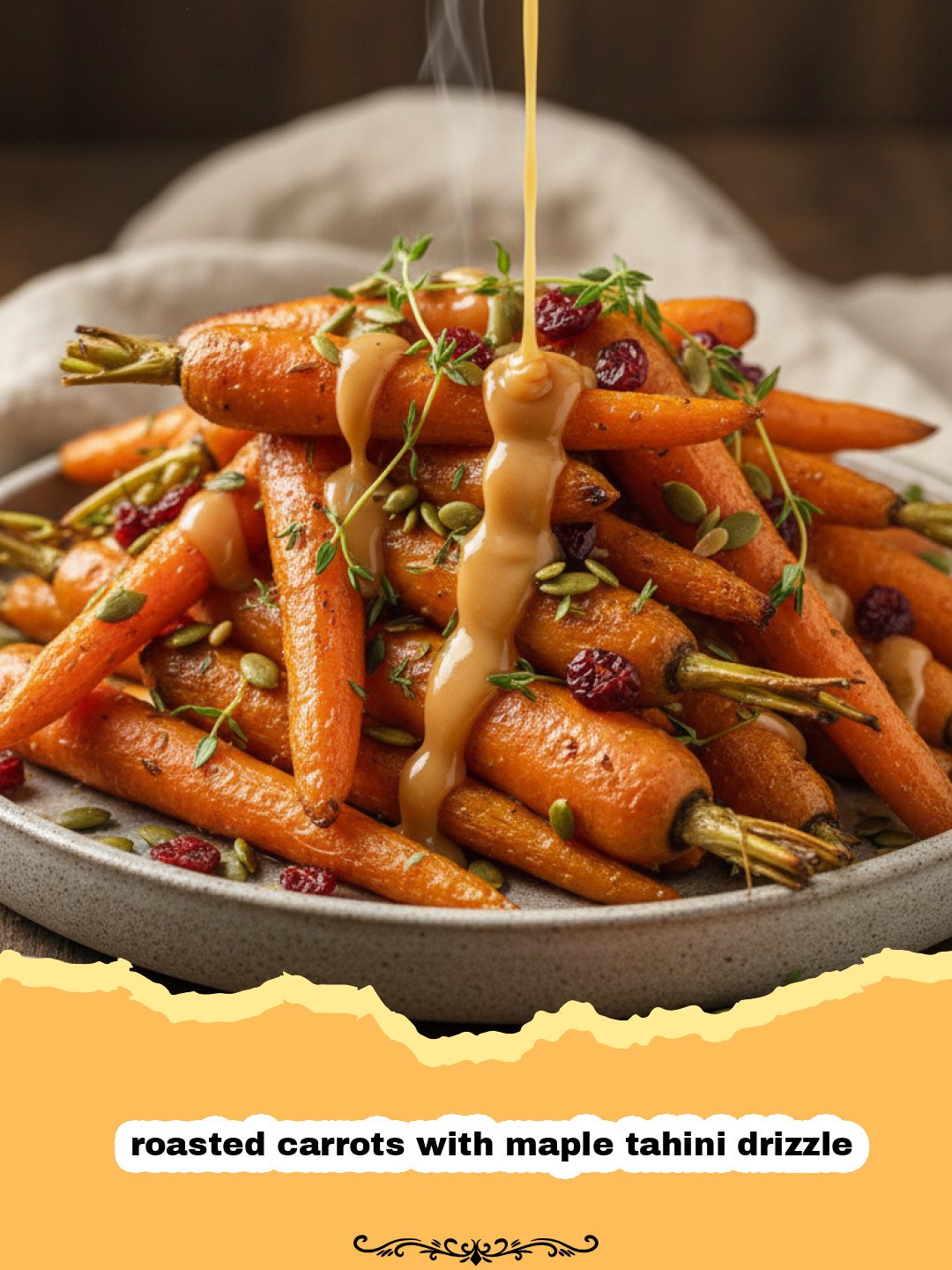 Roasted Carrots with Maple Tahini Drizzle: A Delicious Side Dish 3 roasted carrots with maple tahini drizzle - A platter of roasted carrots drizzled with creamy maple tahini sauce and garnished with parsley.