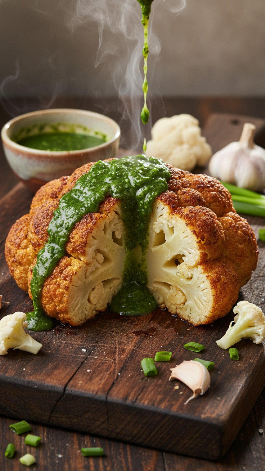 Roasted Cauliflower Steaks with Garlic Herb Sauce Preparation