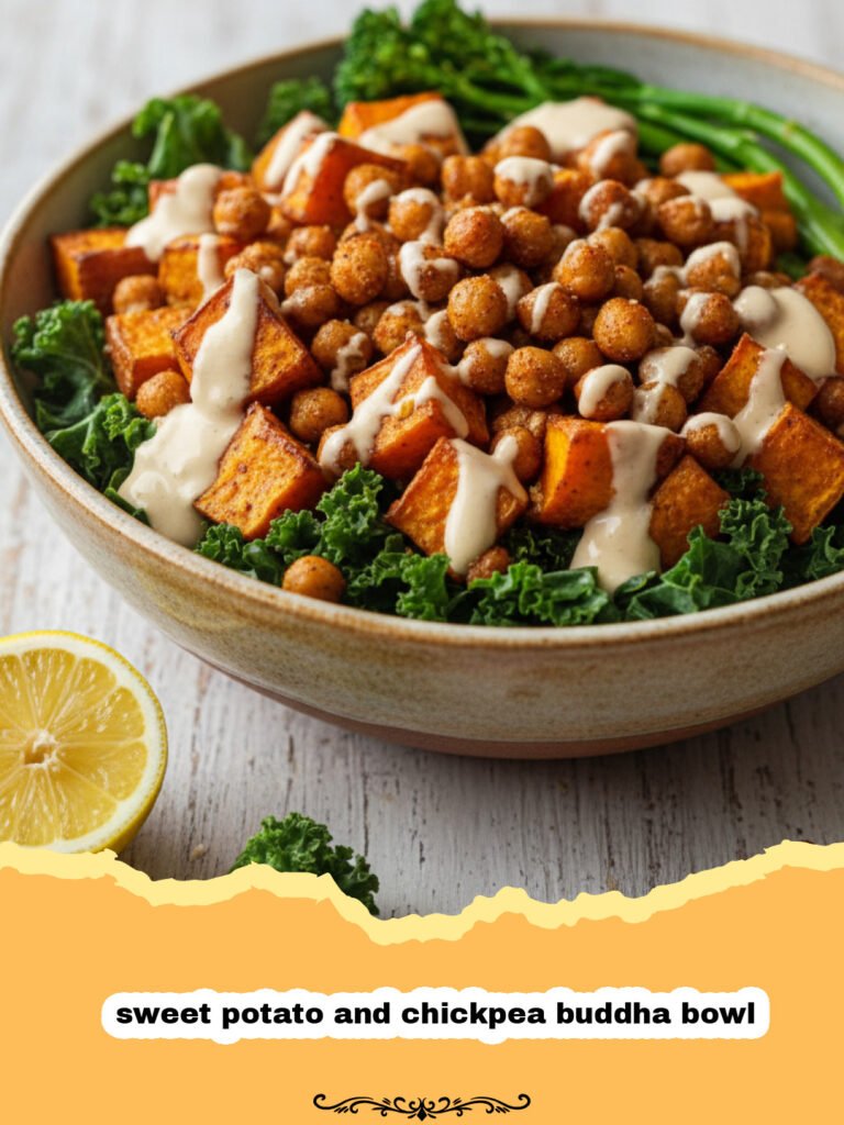 The Ultimate Nourishing Sweet Potato and Chickpea Buddha Bowl 5 A colorful sweet potato and chickpea buddha bowl with avocado and tahini dressing